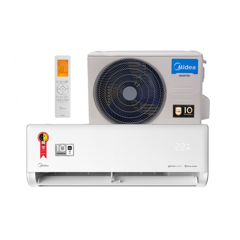 Midea AI Ecomaster com evaporadora, condensadora e controle remoto